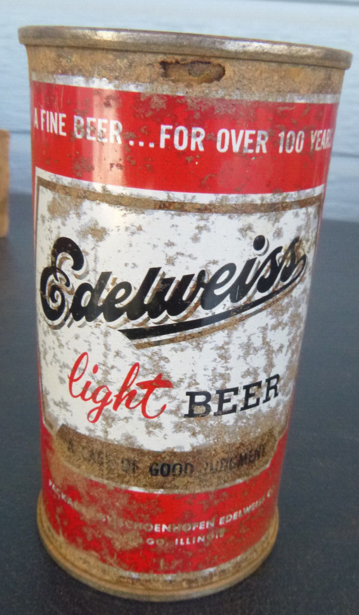 vintage Edelweiss Light flat top beer can Schoenhoffen Edelweiss Chicago