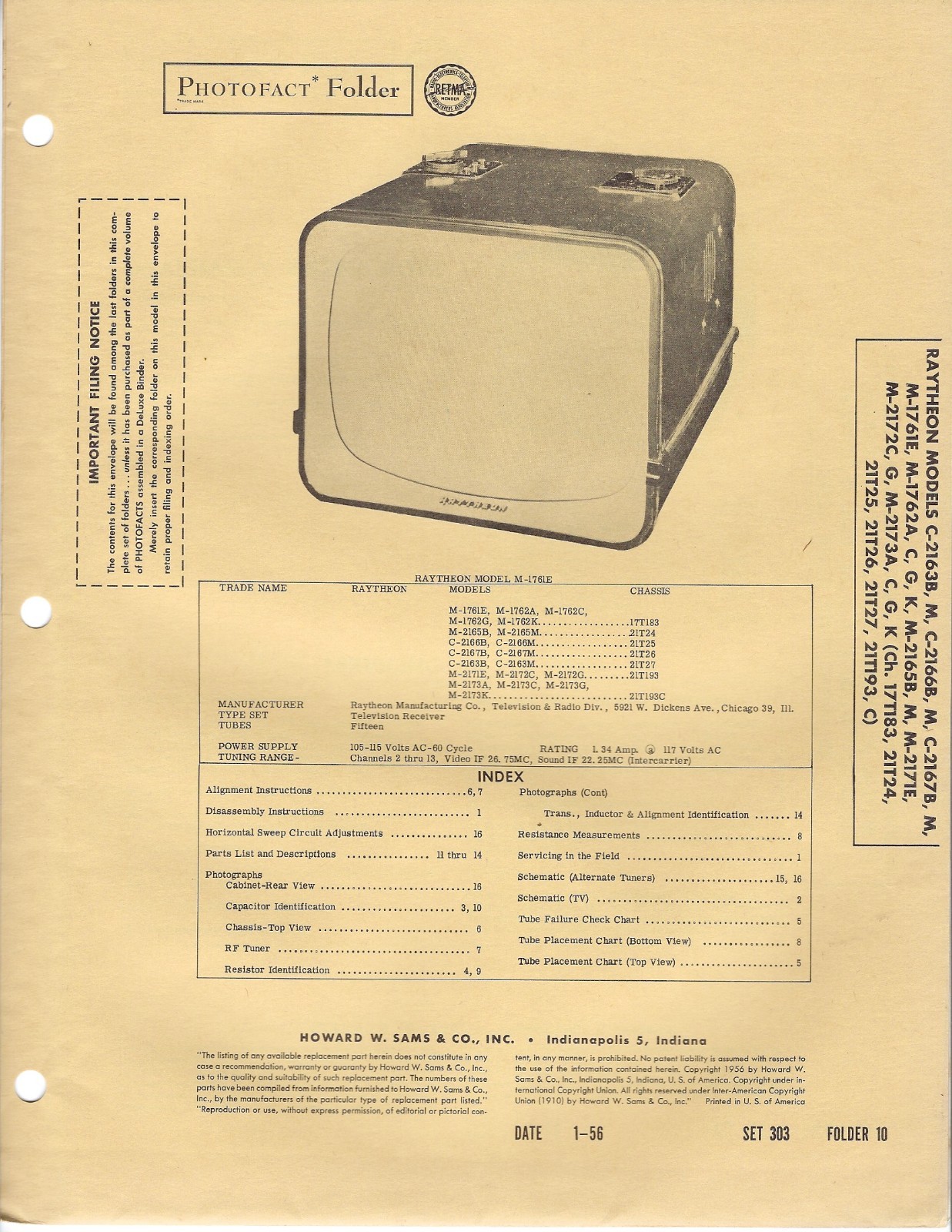 1956 Raytheon C-2163B Television TV Photofact Manual Schematic M-1761E 2167B