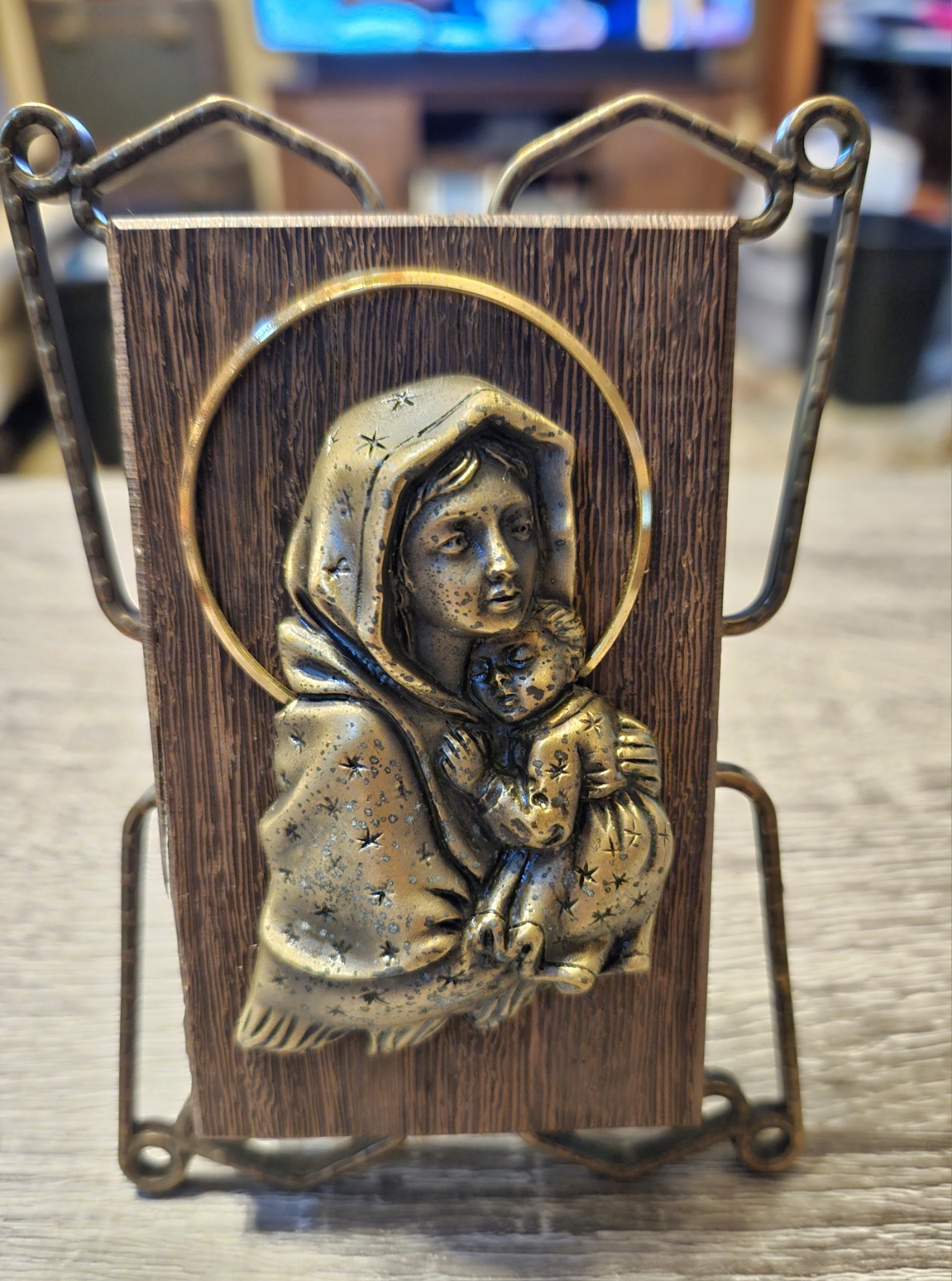 Vintage Mother Mary Baby Jesus Madonna & Child Plaque W/stand Italy RARE