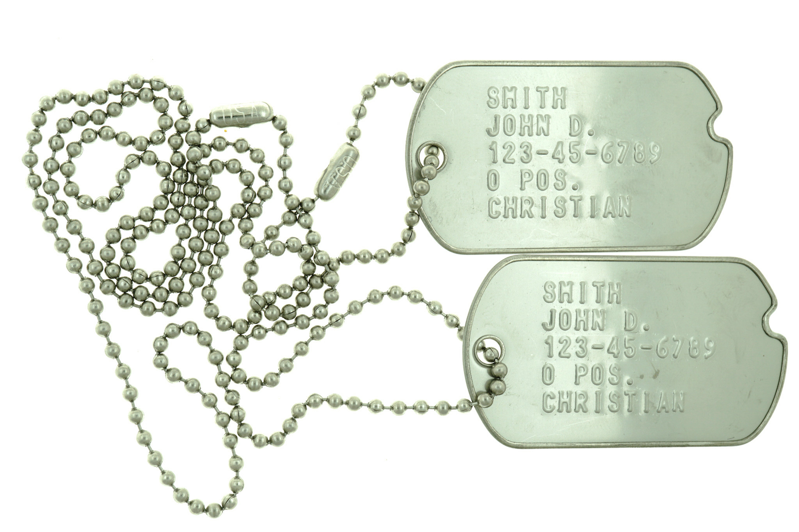 Custom Embossed Notched WWII Style Stainless Steel Military ID Dog Tags Custom Embossed Notched WWII Style Stainless Steel Military ID Dog Tags