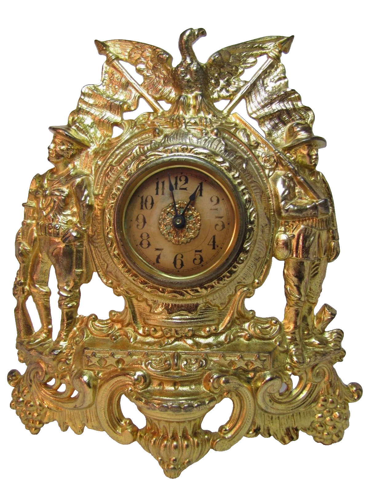 ARMY NAVY AMERICAN EAGLE Antique early 1900s Figural Cast Iron Brass Wash Clock