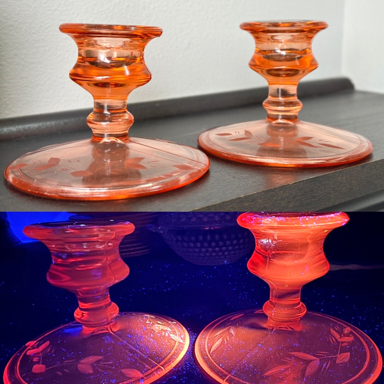 Pink Selenium Depression Glass Candlestick Pair Candle Holder UV Reactive Leaves