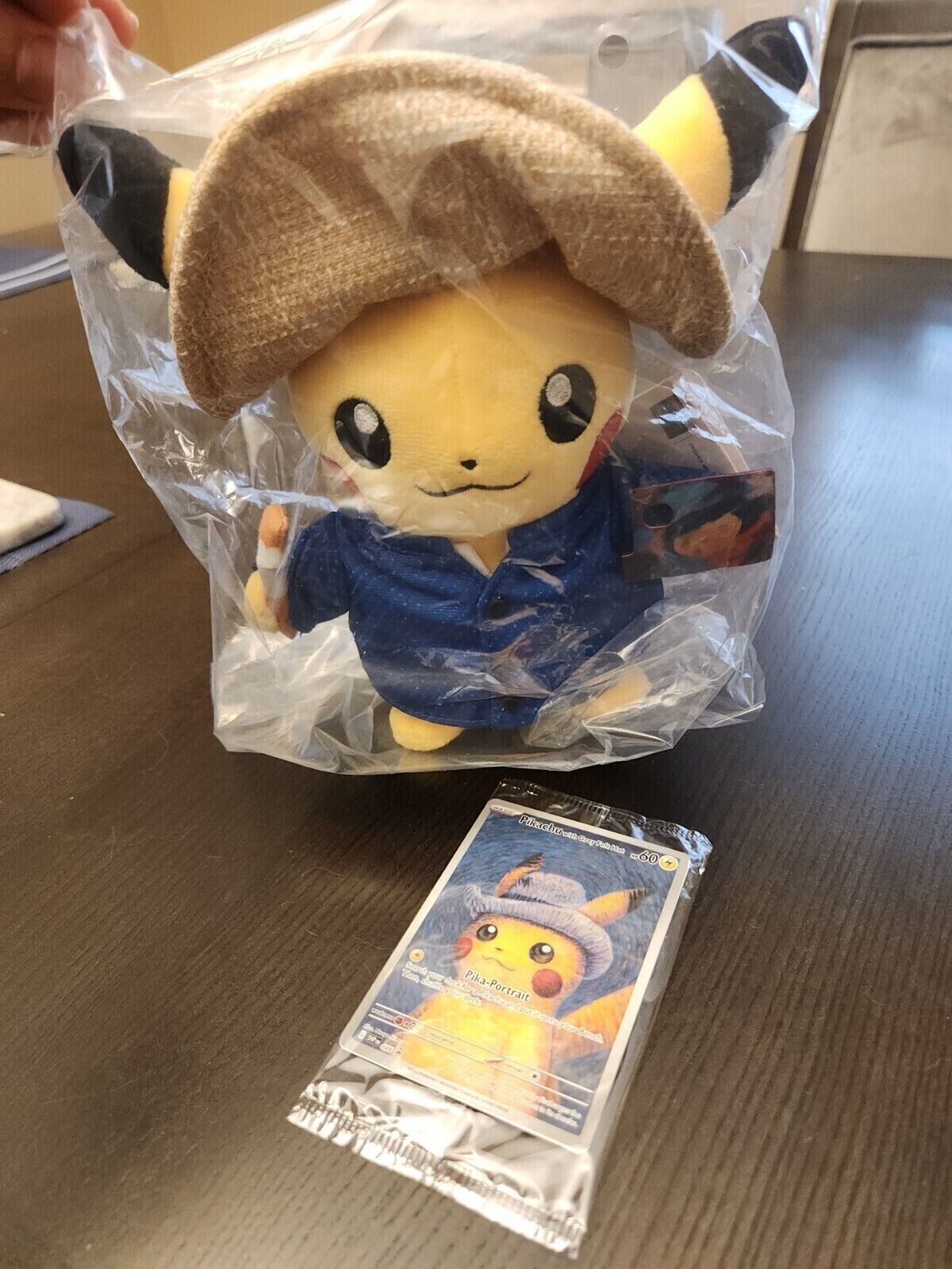 Pikachu Grey Felt Hat Promo Card 085 & Plush Pokemon x Van Gogh **Ships Today**