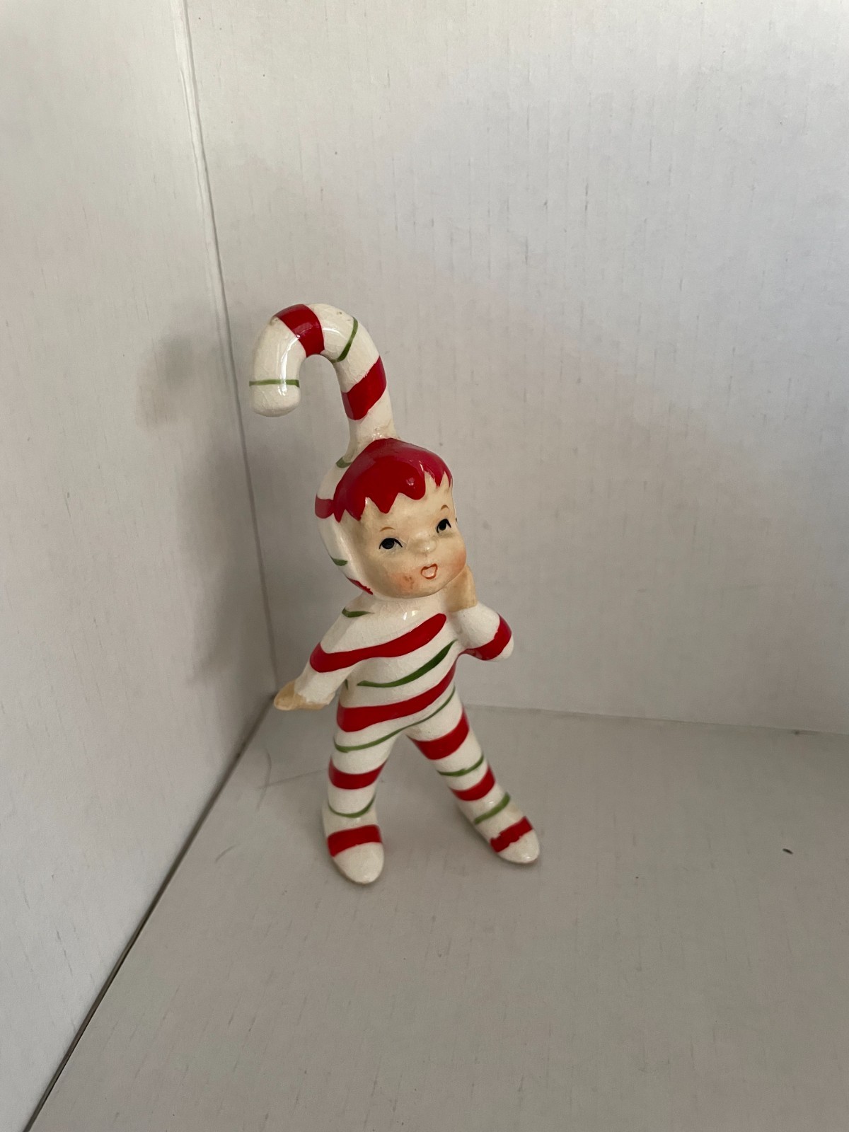 Lefton Christmas ceramic figurine Candy Cane boy - pixie Japan 1950\'s