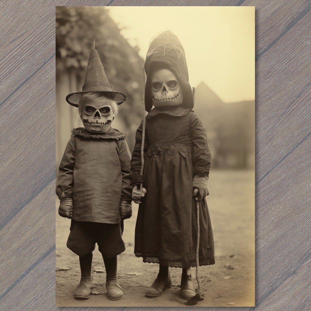 POSTCARD Weird Creepy Vintage Vibe Kids Masks Halloween Unusual Hats 👻 V POSTCARD Weird Creepy Vintage Vibe Kids Masks Halloween Unusual Hats 👻 V