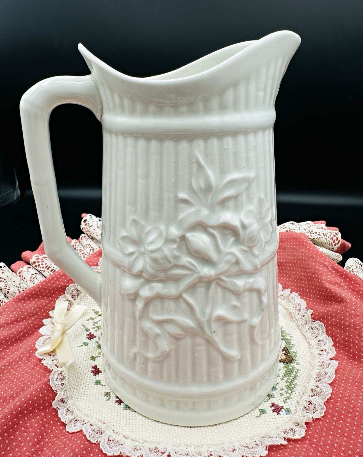 Vintage Arabia Finland White Ironstone Relief Pitcher Floral Ribbon Bow N 2155