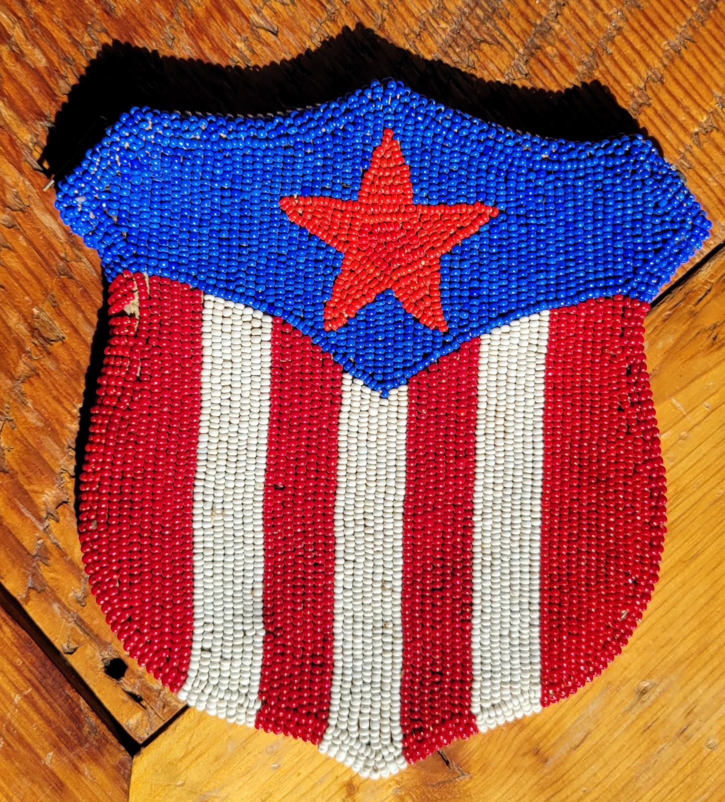 Vintage Native American Beaded Flat Bag Star & Stripes Red, White, Blue, Shield