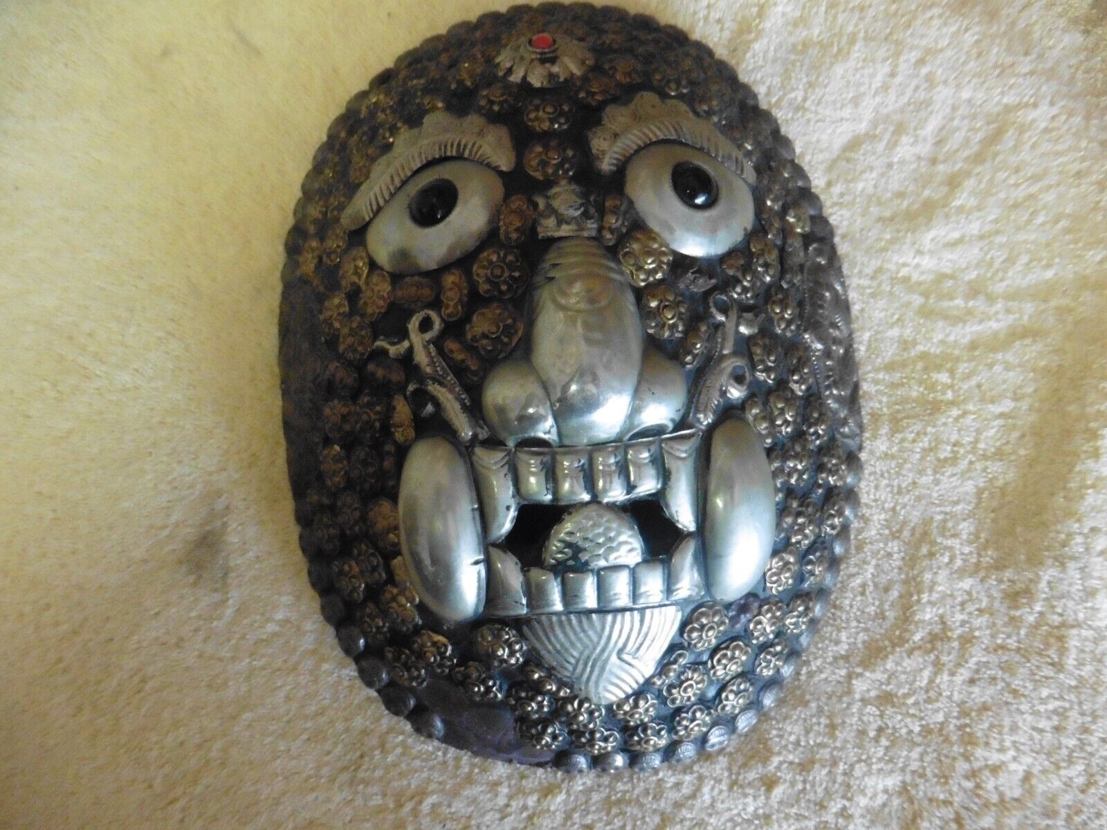 Antique 1920 African Wood ceremonial mask Pewter skulls Tibet serpents Dragons
