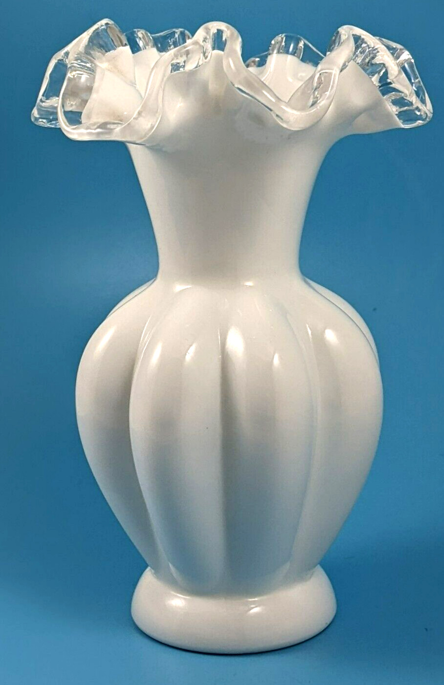 Fenton Hand Made White Milk Glass Melon Shaped Crimped Silver Crest Vase