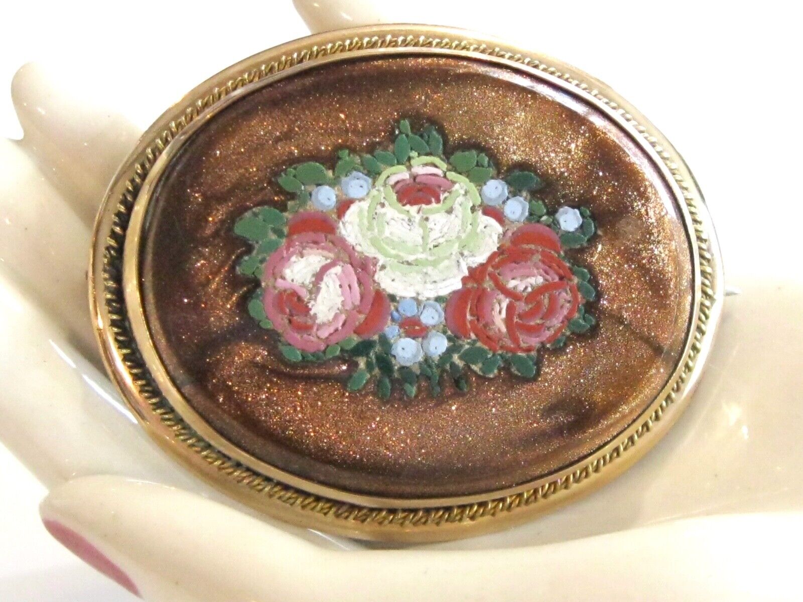 SOLID GOLD 1800\'S VICTORIAN GOLDSTONE MICRO MOSAIC ROSE PIN BROOCH PIETRA DURA