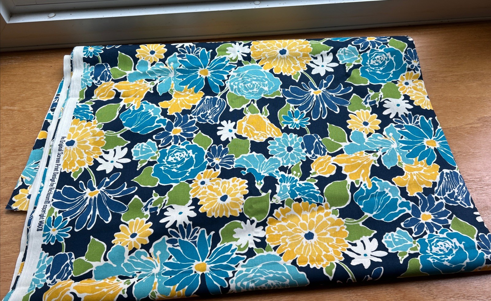 Richloom Fabric Large Floral Blue Yellow White Original Screen print 108 X 44”