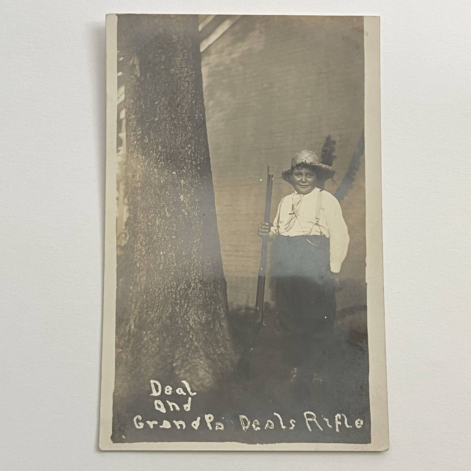 Antique RPPC Photograph Postcard Adorable Little Boy With Rifle & Hat ID Deal
