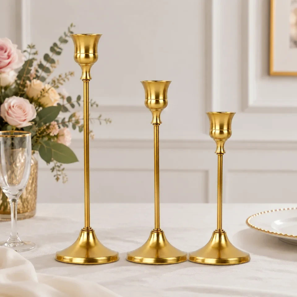Set of 3 Gold Metal Candle Holders Vintage Taper Candlestick Table Centerpiece