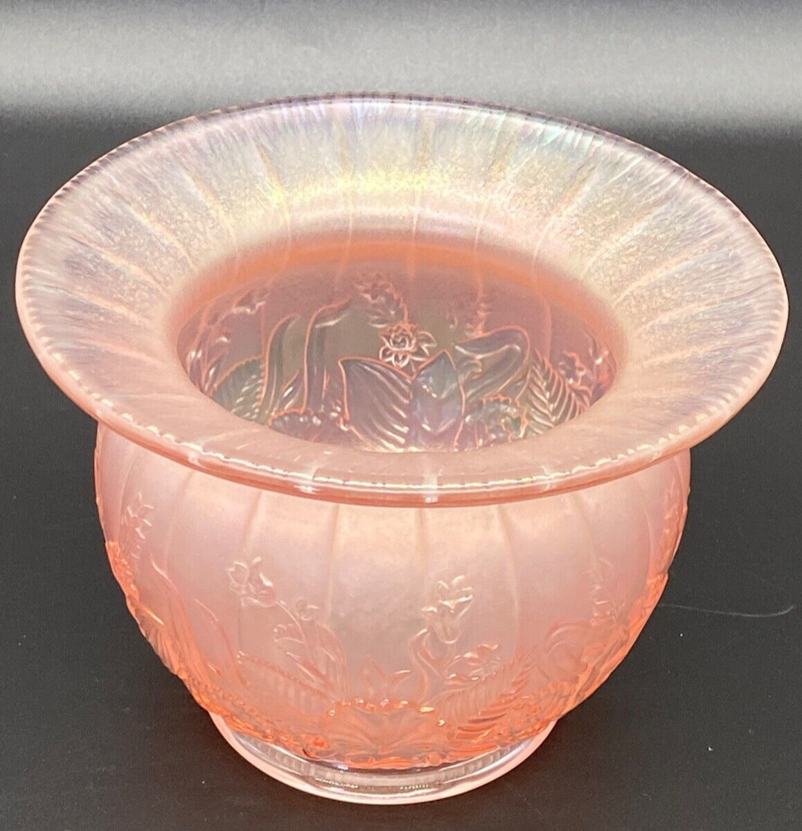 Fenton Velva Rose Stretch Glass Vase with Ribbed Floral Pattern Iridescent