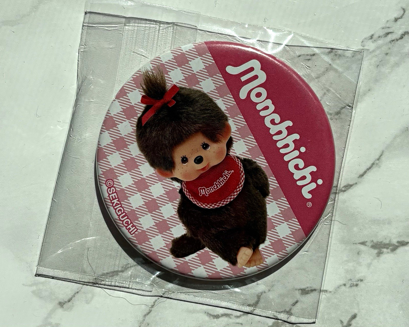 Sekiguchi Monchhichi Pink Gingham Button pin NEW kawaii Sekiguchi Monchhichi Pink Gingham Button pin NEW kawaii