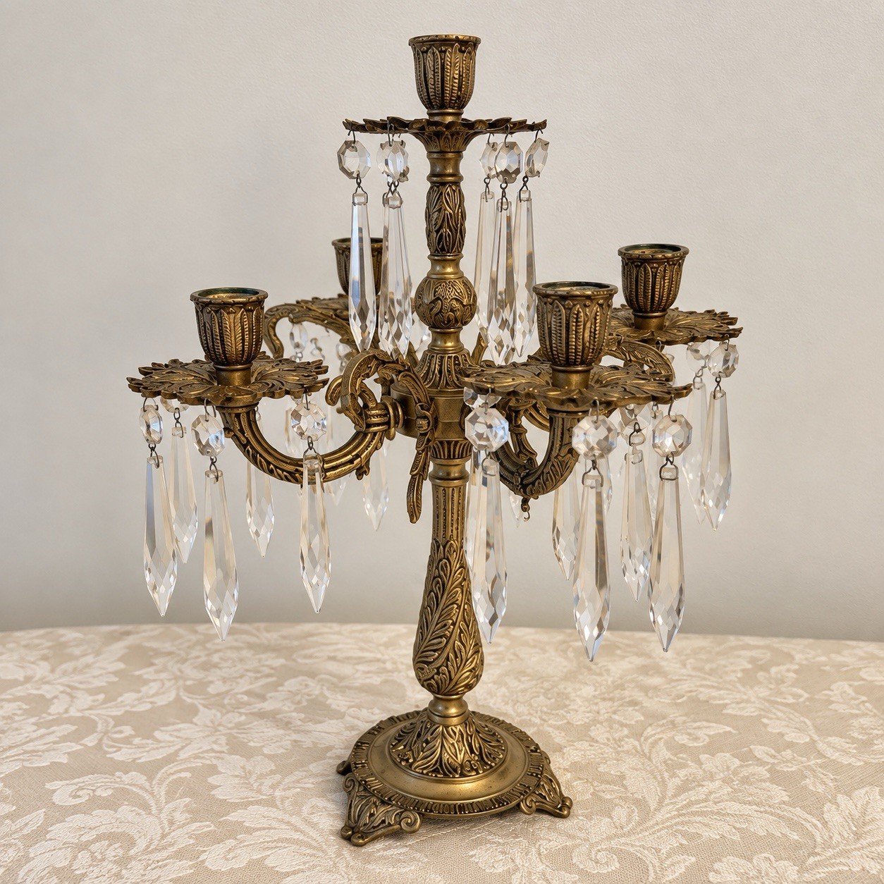 Antique Ornate Cast Brass 5 Light 4-Arm Girandole Candelabra Faceted Prism 14.5\