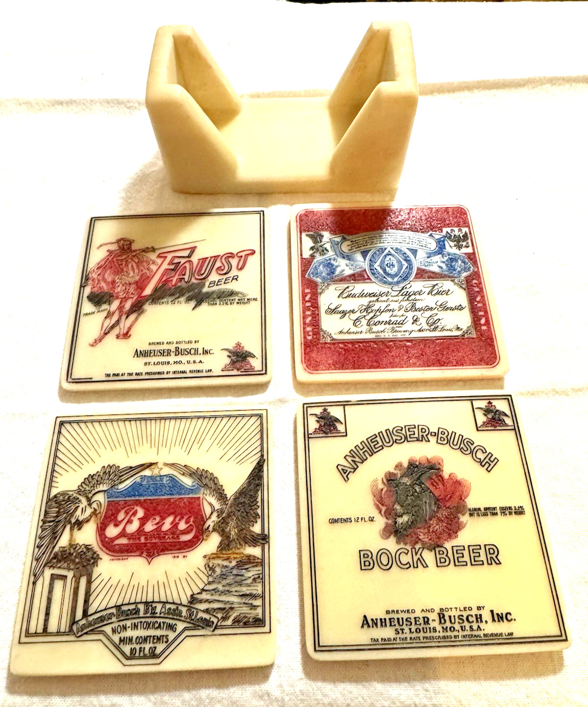 NEW Vintage Anheuser-Busch 4 Coaster Set Bock Bevo Faust Budweiser Beer Barware
