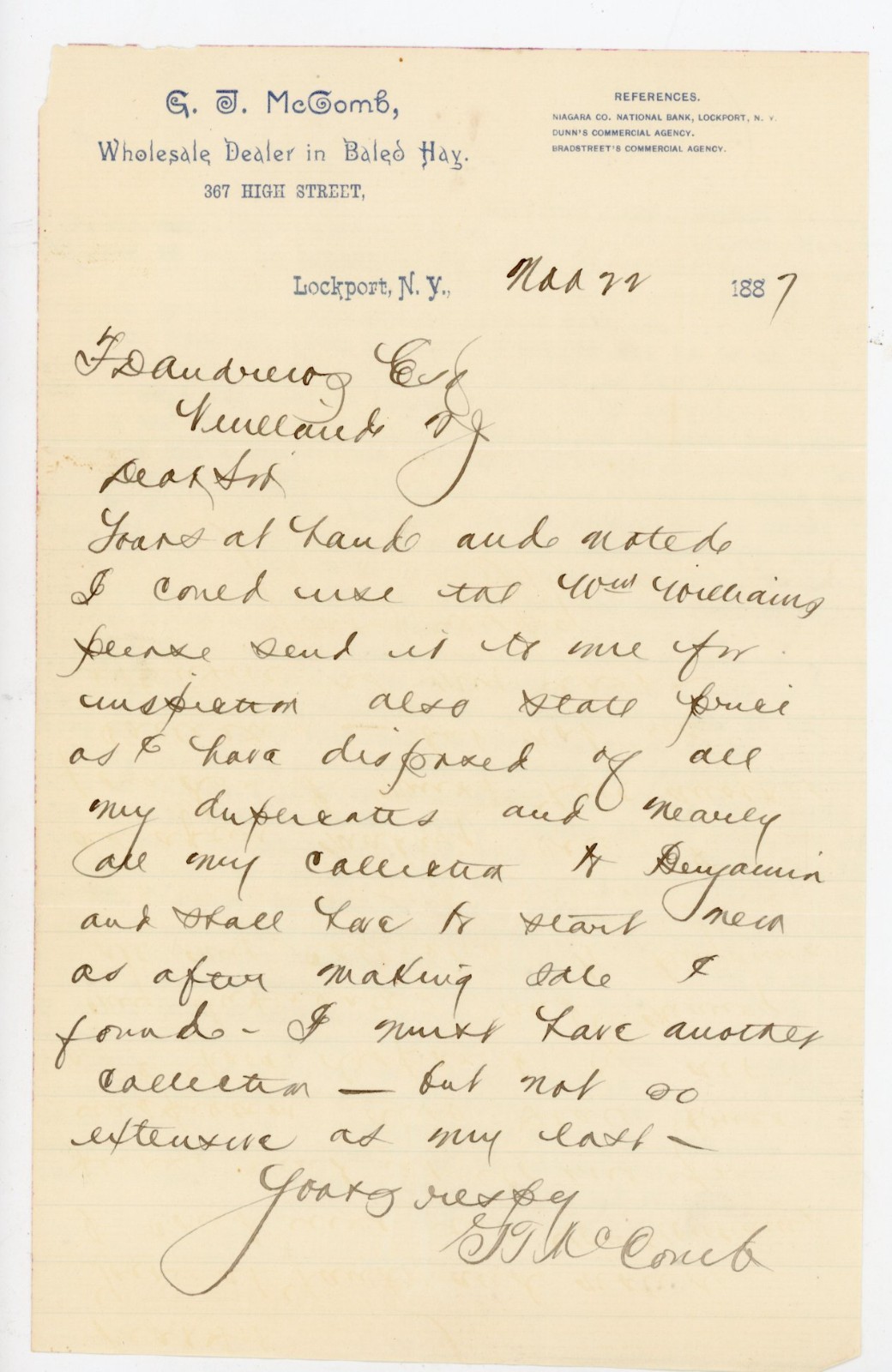 1887 Lockport NY Handwritten Letter – G.T. McComb Wholesale Hay Dealer  Business