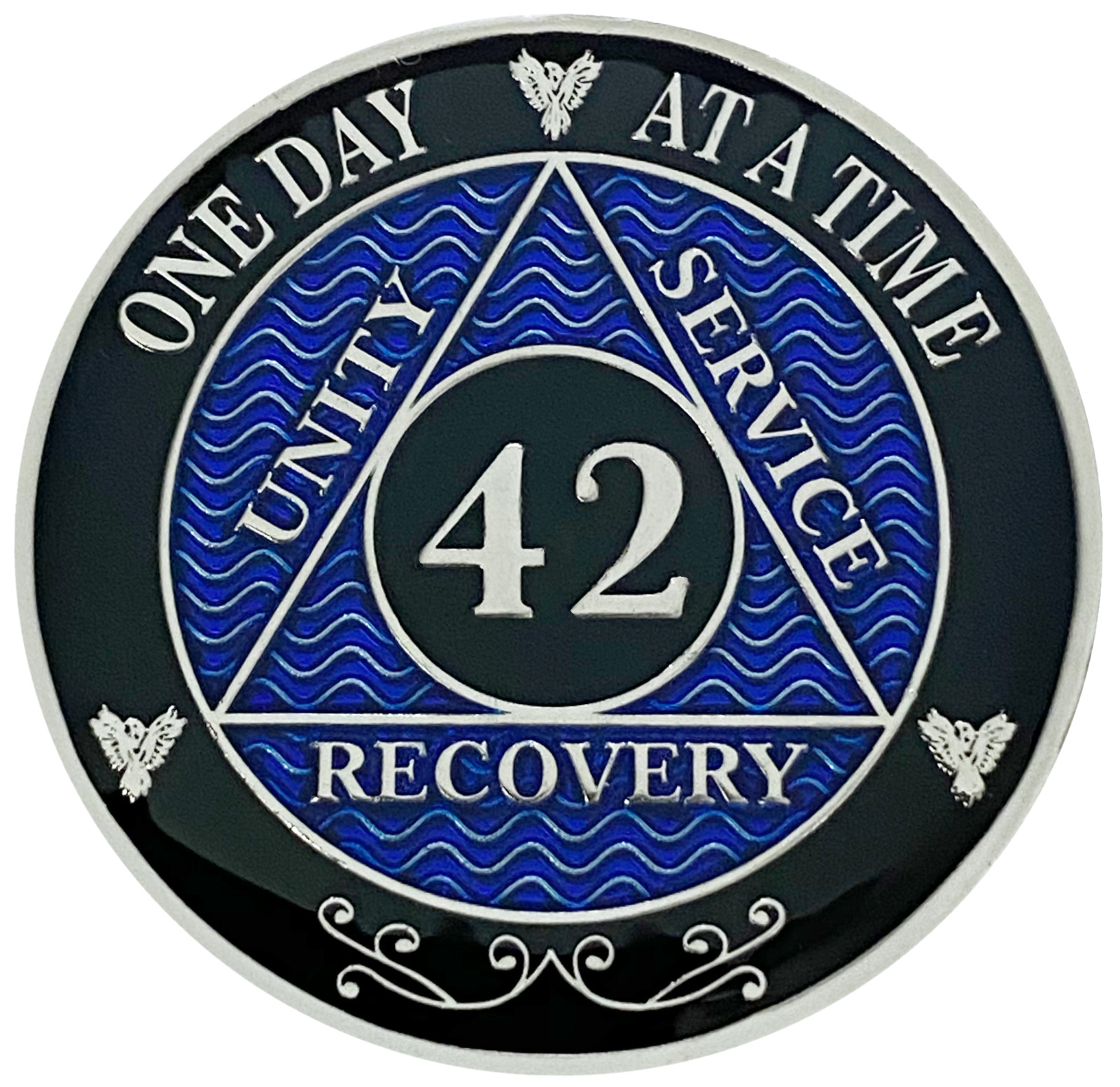 AA 42 Year Coin Blue, Silver Color Plated Medallion, Alcoholics Anonymous Coin