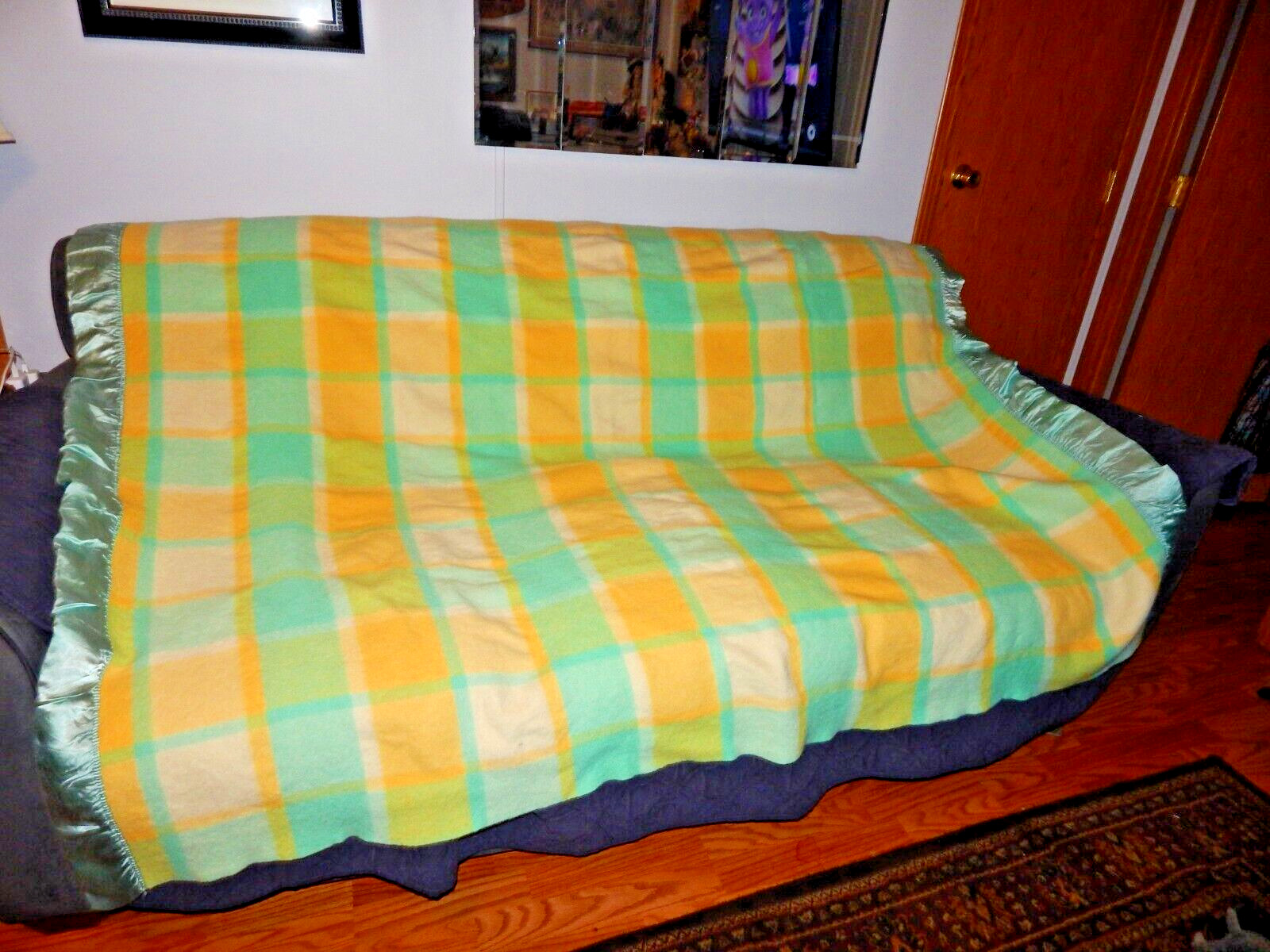 Montgomery Ward 100% wool plaid green blue yellow satin trim blanket 64x80 Vinta