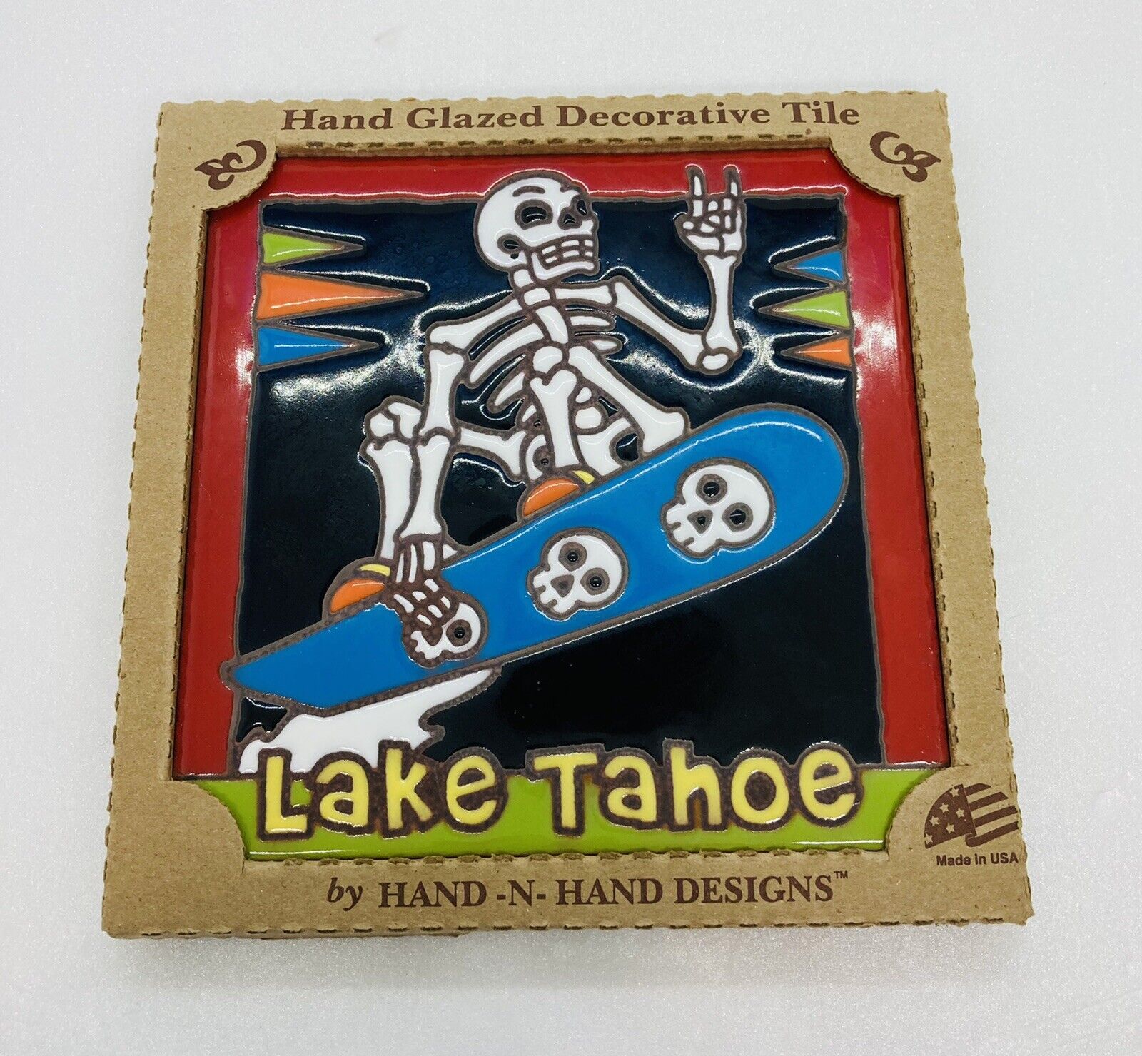 Earthtones Skeleton Snowboarding Lake Tahoe Habd Glazed Decorative Tile C3
