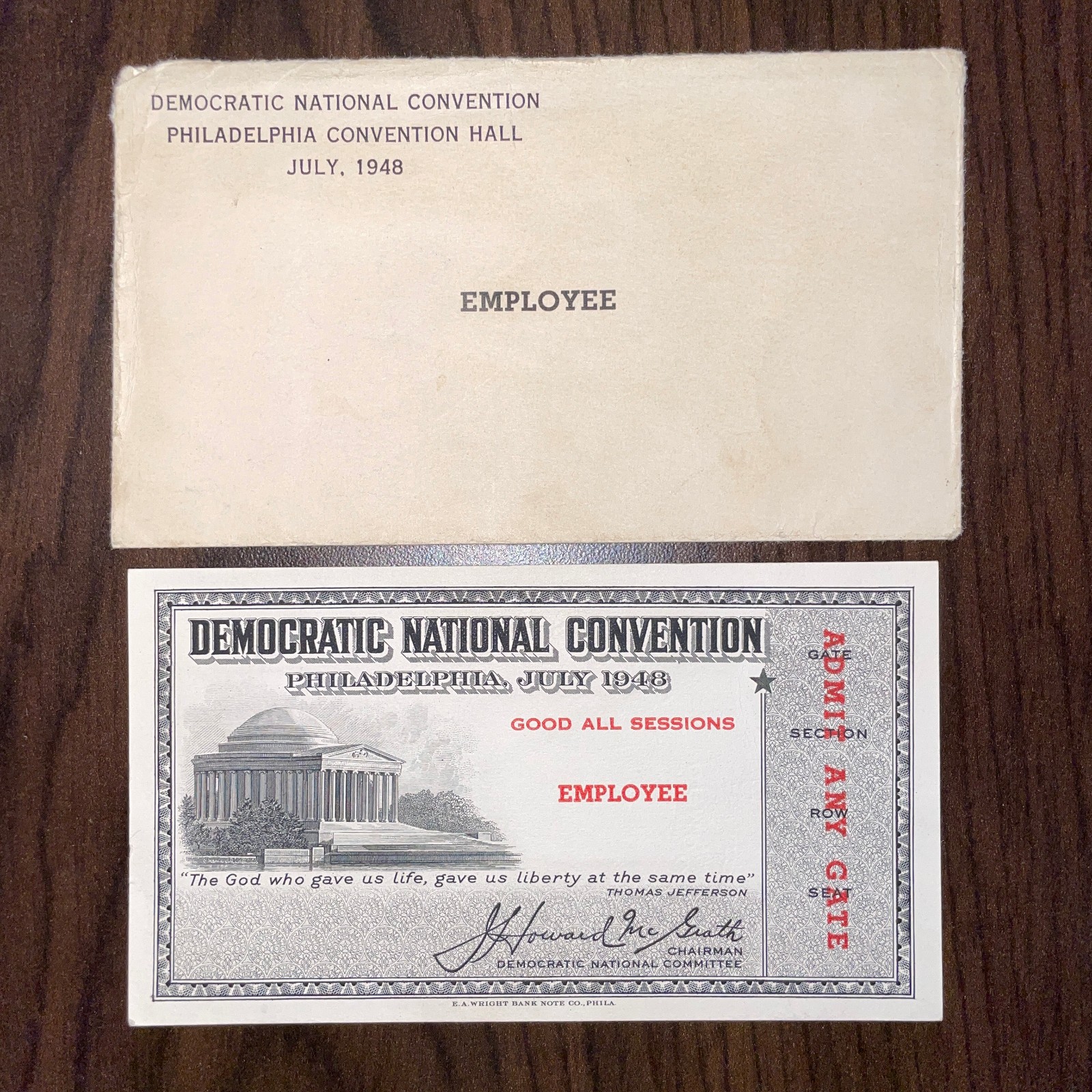 July 1948 Philadelphia Democratic National Convention Employee Ticket Item #3258