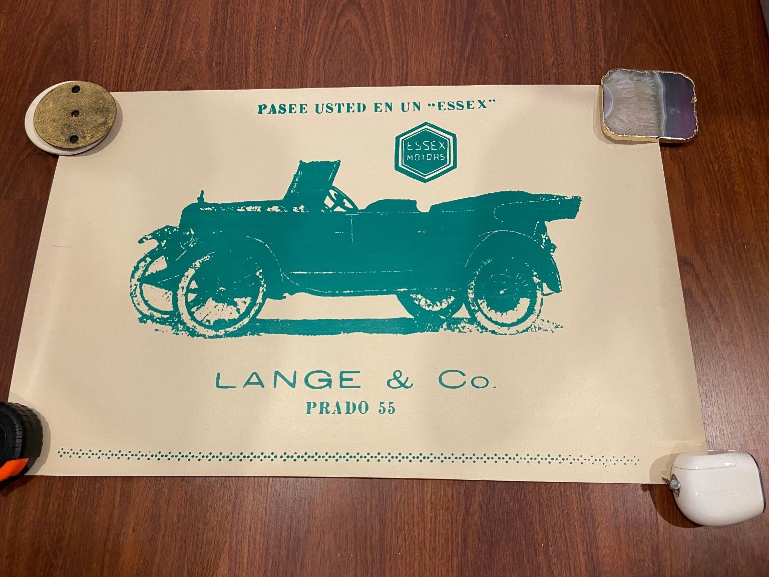 Vintage Essex Motors Automobile Ad Lange & Co. Prado 55 Cuba 1920s Original Teal