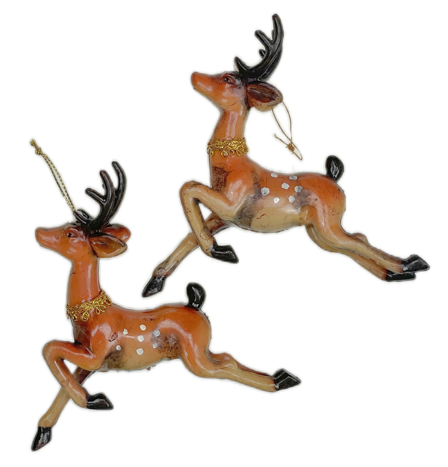 2 Celluloid Hard Plastic Reindeer Long Neck Deer Christmas Ornament Vtg MCM