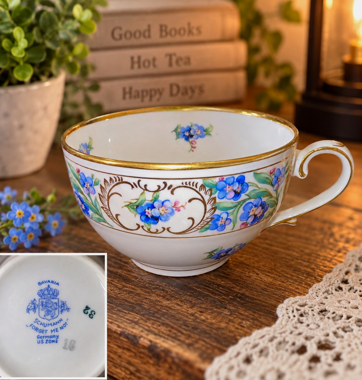Schumann Bavaria Porcelain Tea Cup Painted Floral Gold Trim Blue White Handle