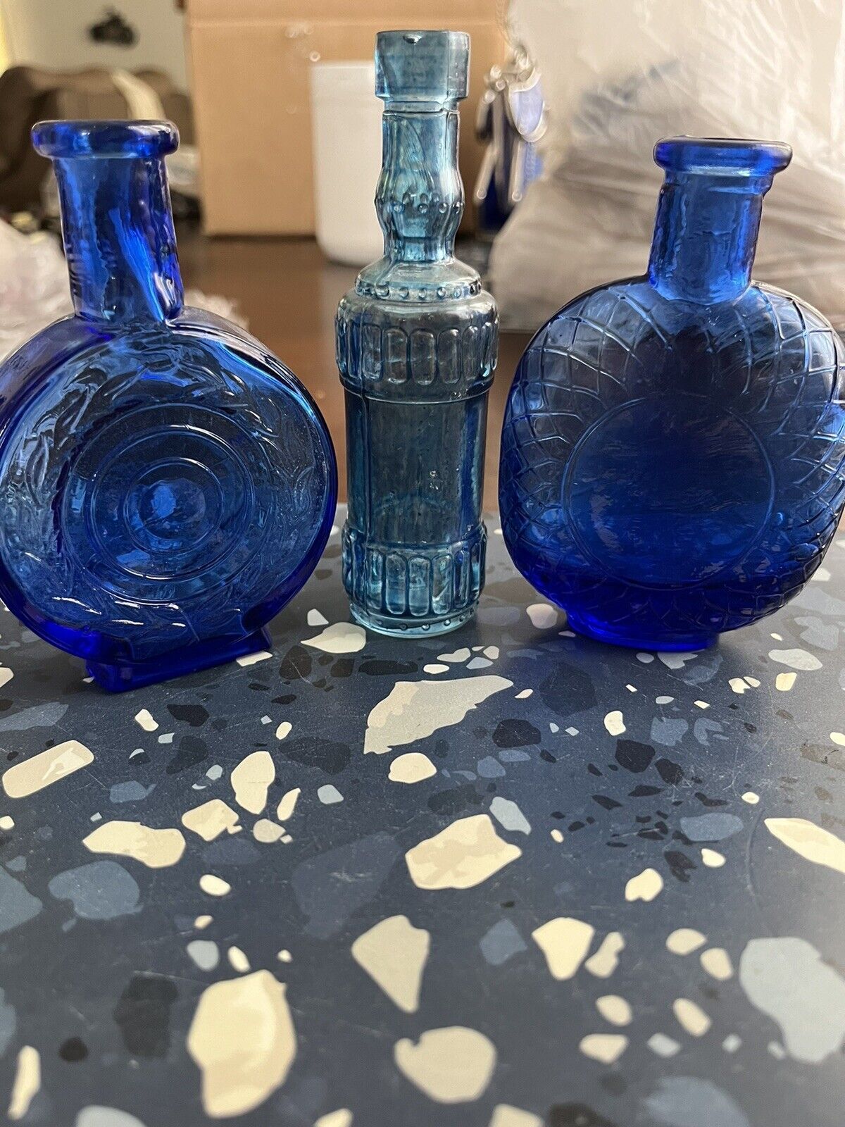 3 Small Blue Glass Bottles