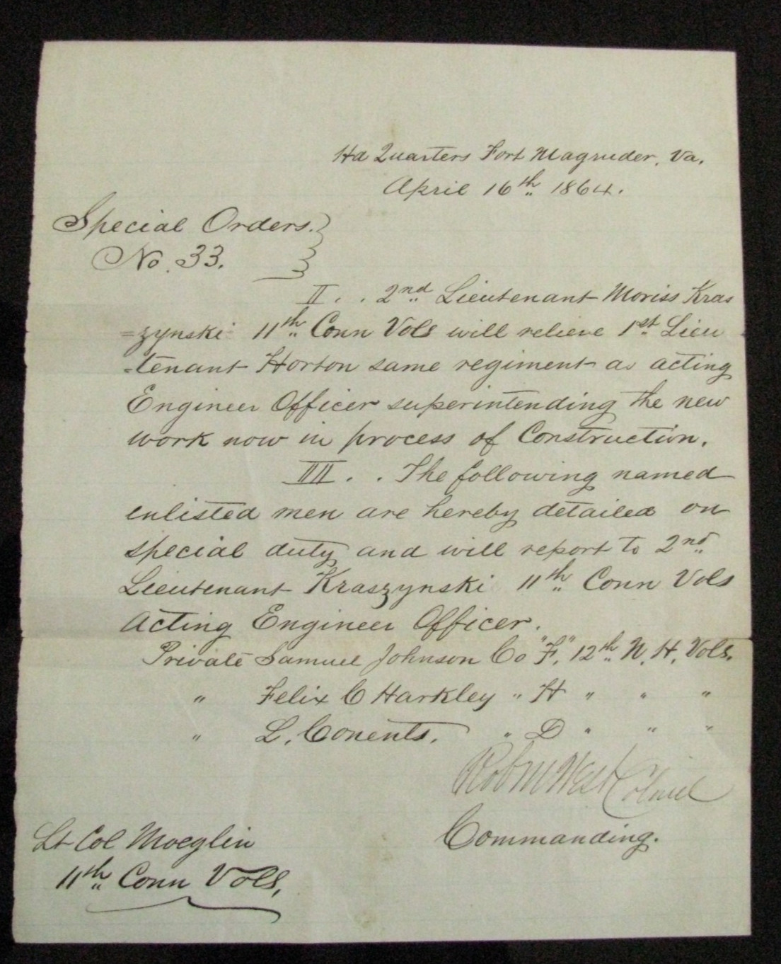 CIVIL WAR WILLIAMSBURG FORT MAGRUDER 11th CONNECTICUT GENERAL ROBERT WEST SIGNED