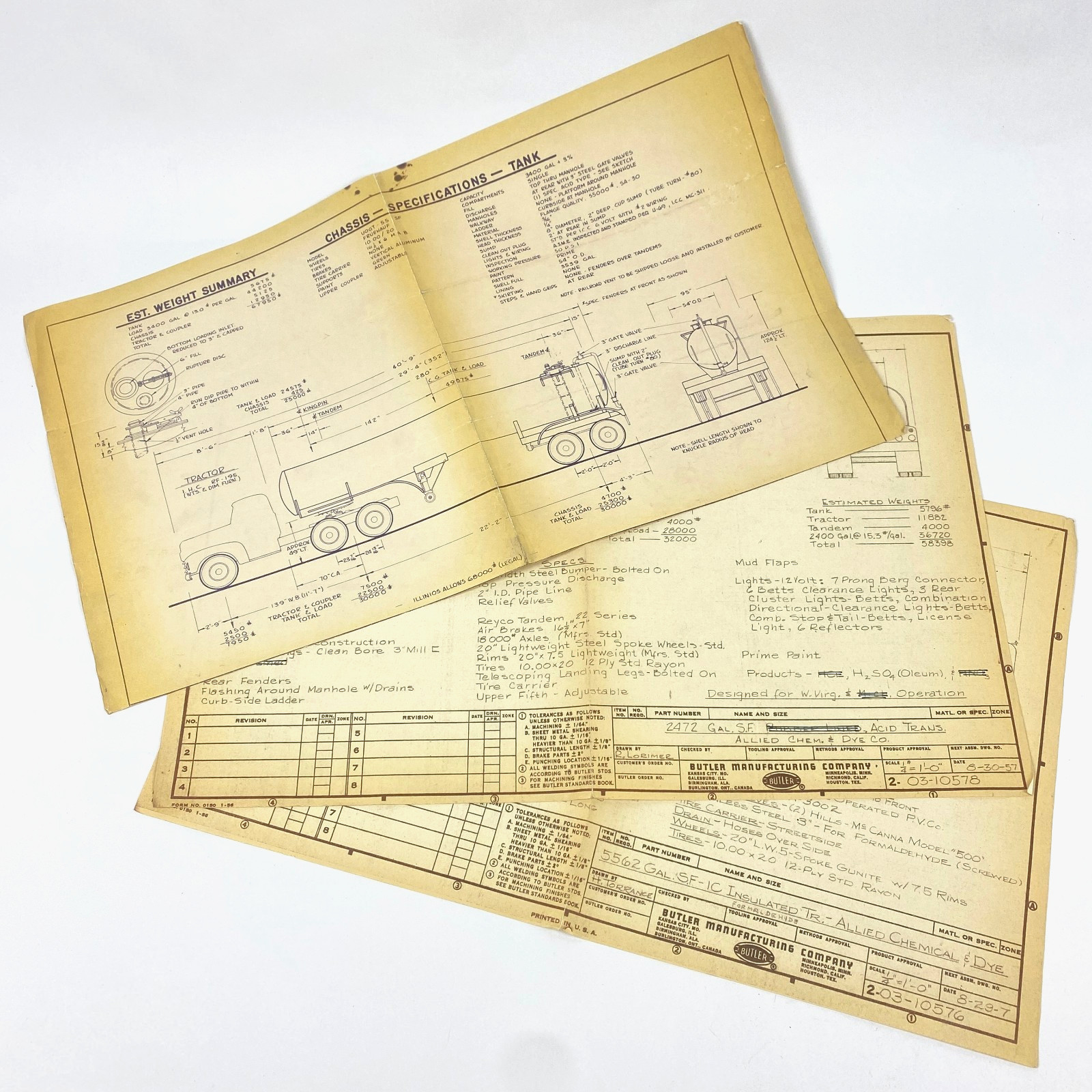 1957 Mack B61 Butler Tank Trailer Blueprint Specs Allied Chemical Lot of 3