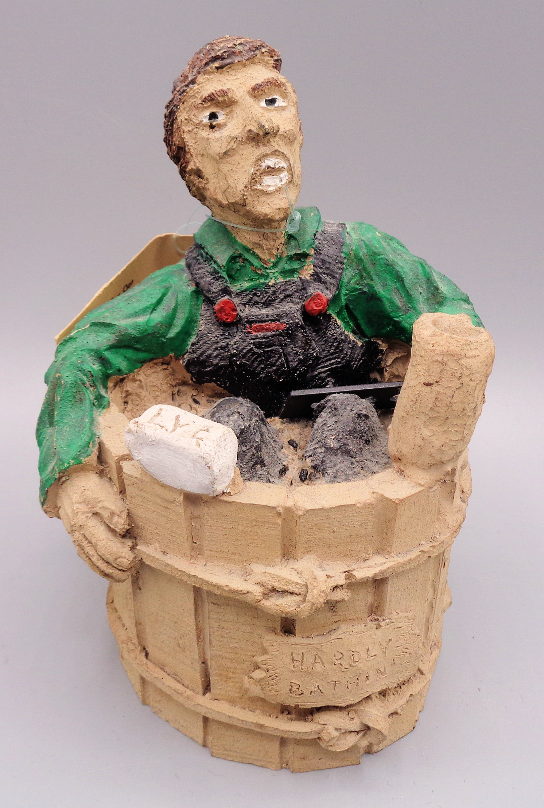 Vintage Folk Art Primitive Man In Barrel Bath Figurine Zack Originals Sculpture