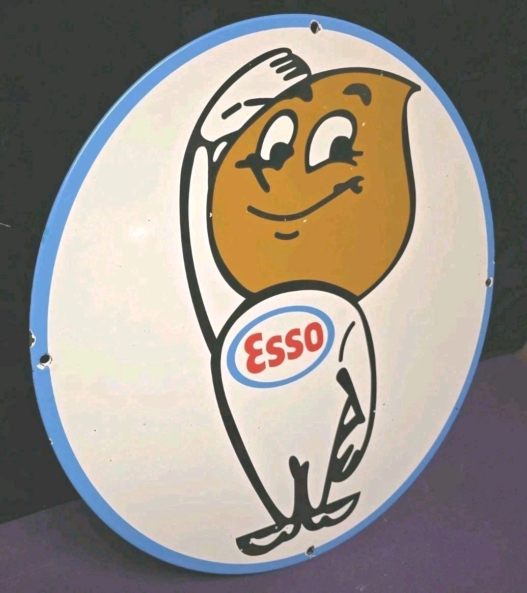 Vintage Porcelain Sign Esso Oil Drop Boy Gas Pump Advertising 15-3/4