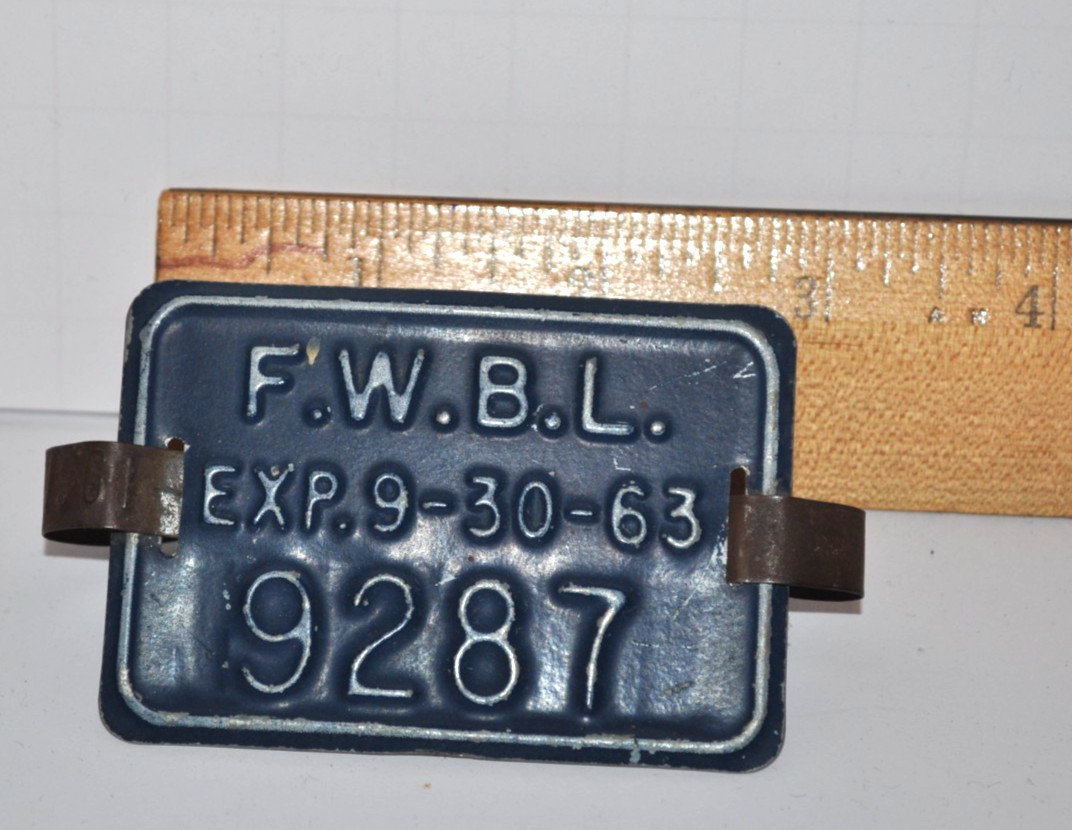 Vintage FORT WORTH Bicycle License Plate #9287 Exp. 9-30-63 with clip F.W.B.L.