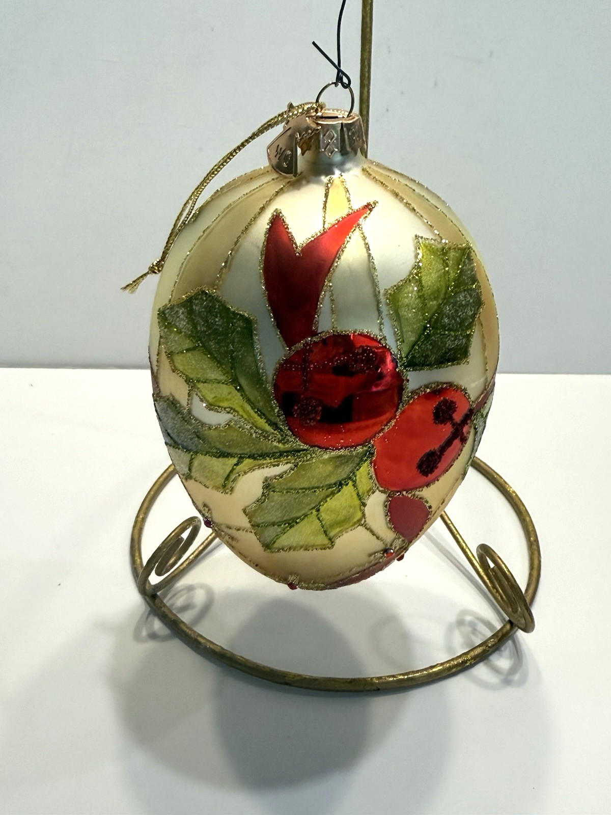 VTG W.C Gold Teardrop Christmas Ornament Hand Painted Berry Holly Glitter Glass