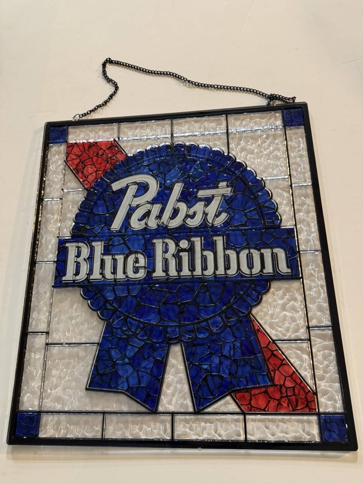 Pabst Blue Ribbon Replica Stained Glass Style Sign W/Hanging Chain
