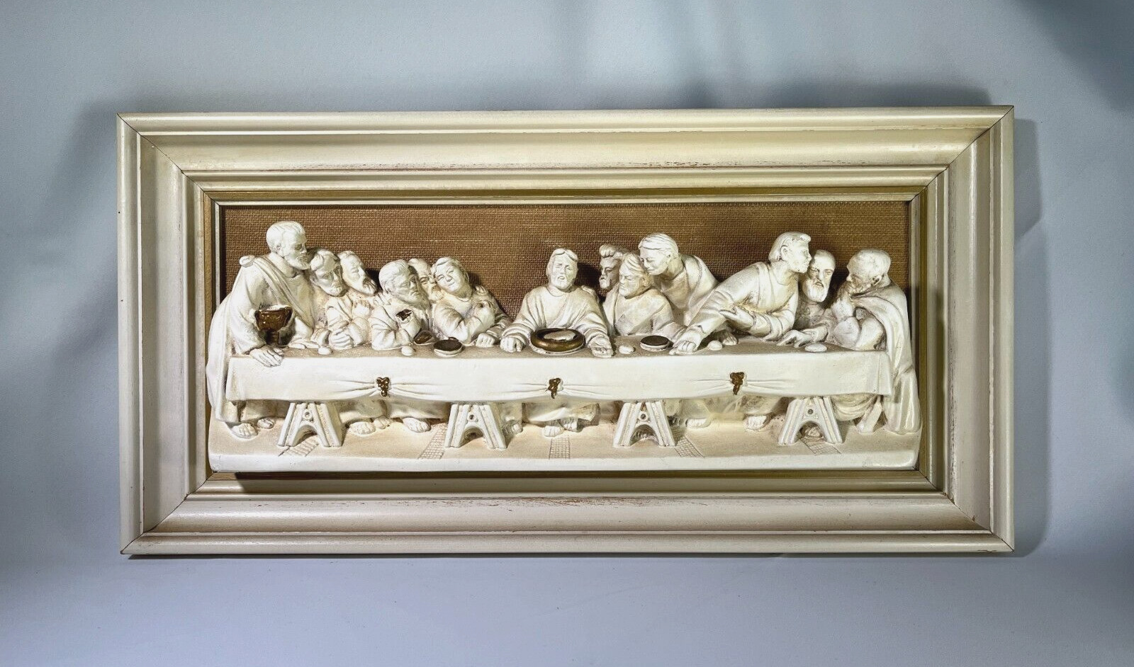 Vintage 3D Ceramic Last Supper On Frame Wall Hanging Raised Relief  Plaque 1165