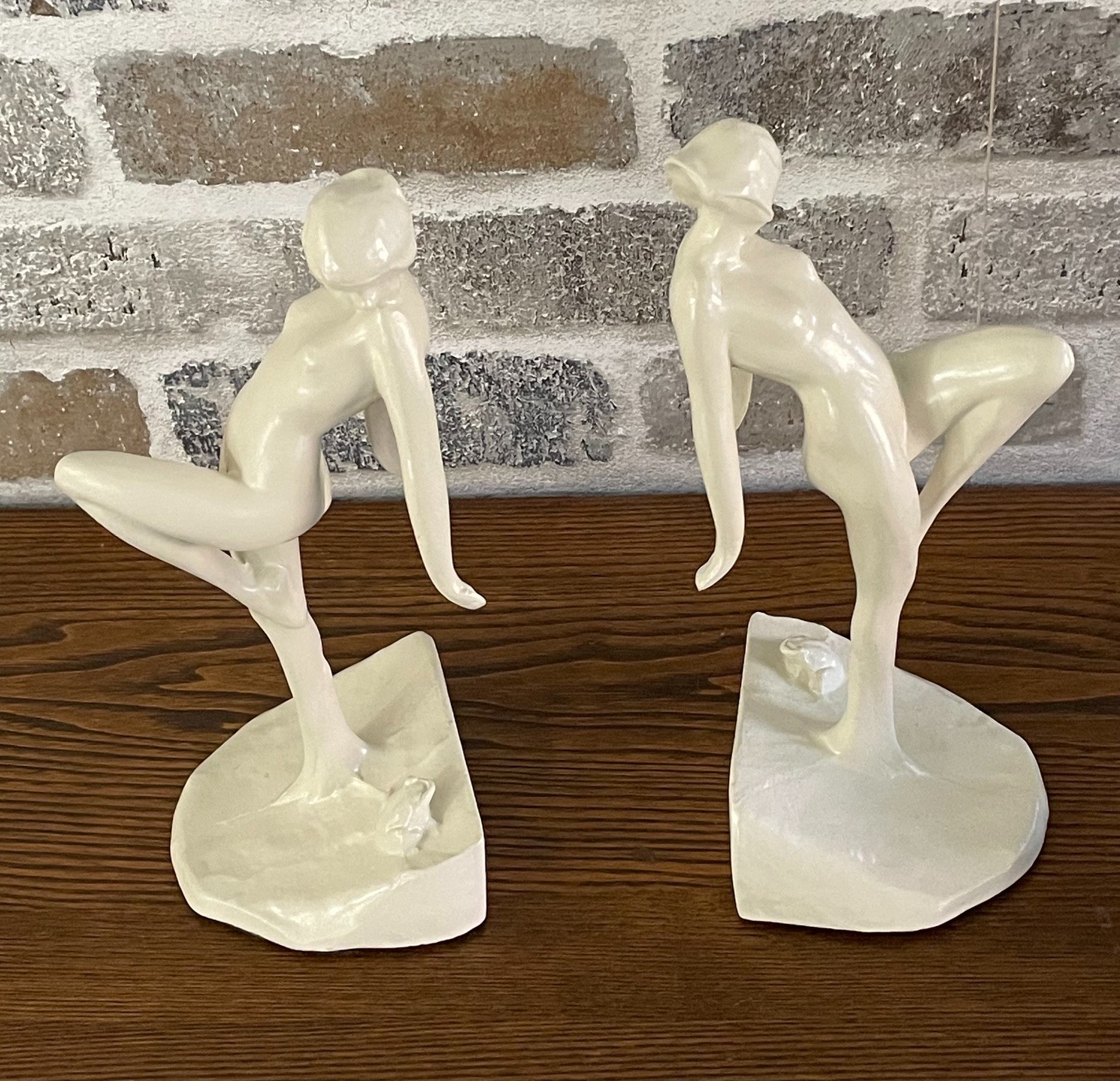 Pair of Ivory Frankart By Sarsaparilla Art Deco Style Nudes w/Frogs Bookends Pair of Ivory Frankart By Sarsaparilla Art Deco Style Nudes w/Frogs Bookends