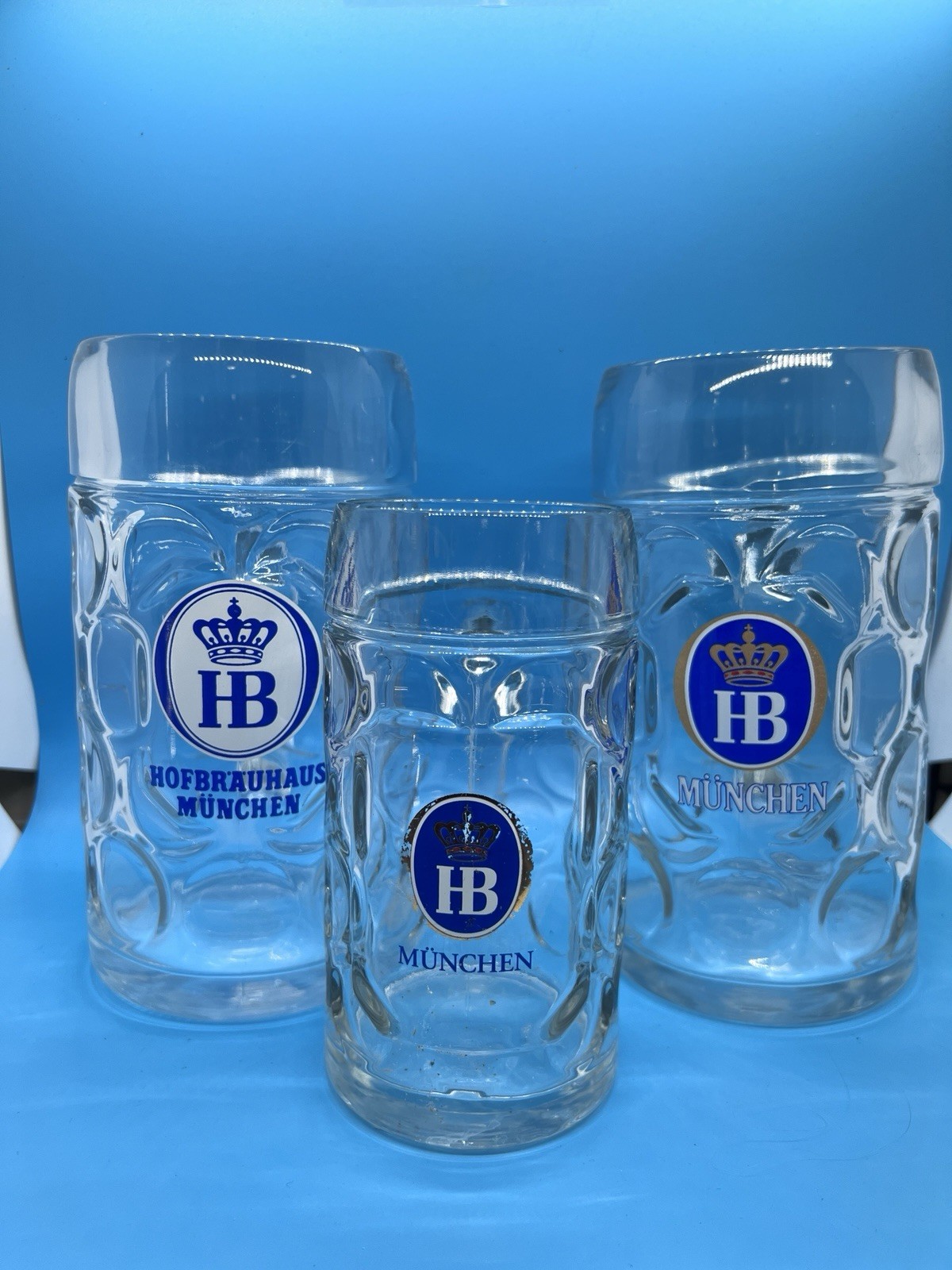 3 HB Hofbrauhaus Munchen Dimpled Glass Beer Steins glasses oktoberfest huge mug