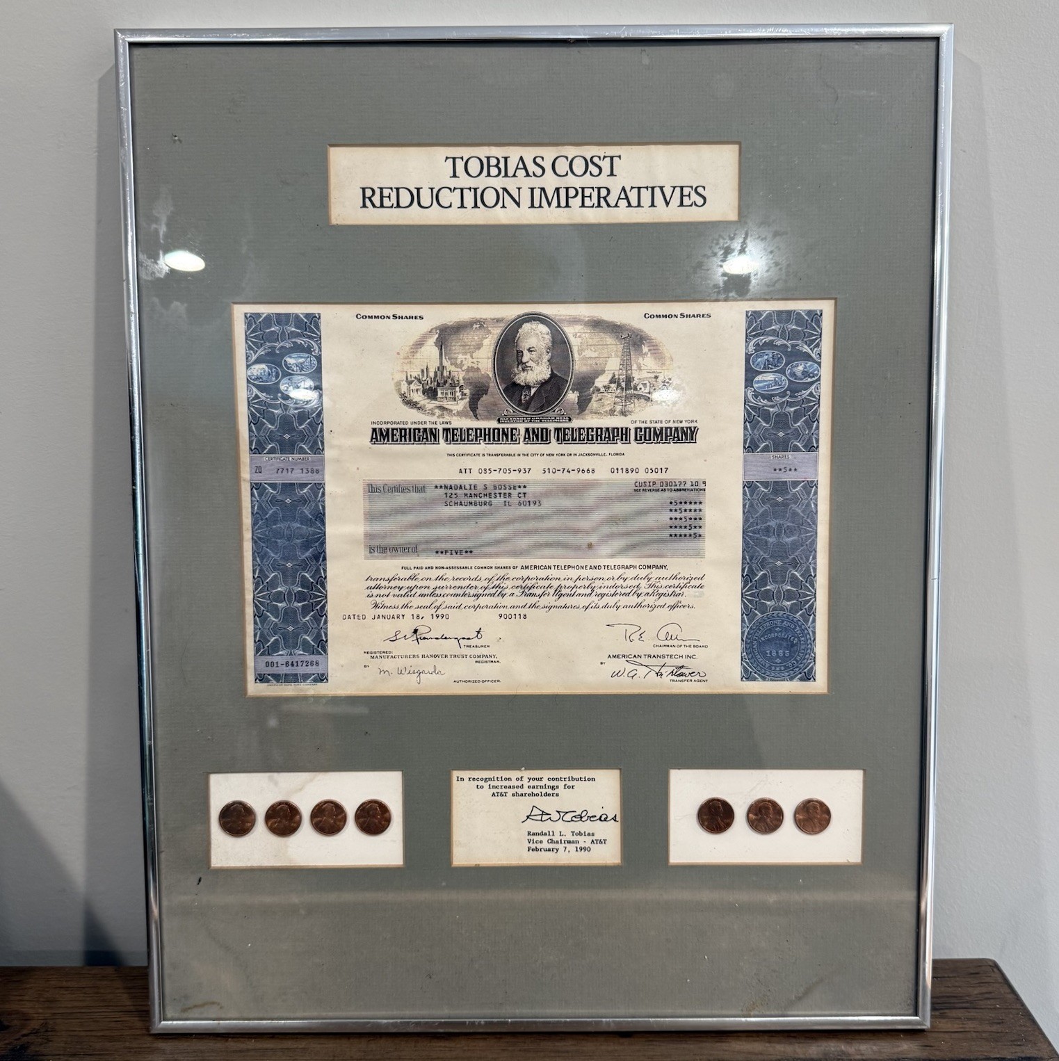 Vintage AT&T Stock Certificate Framed Tobias Cost Reduction Display 20x16