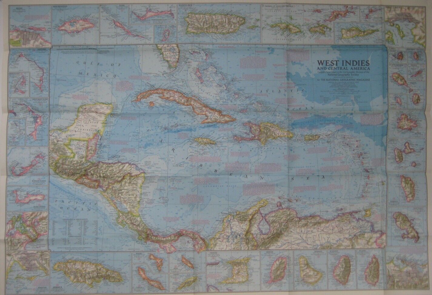 1970 Map WEST INDIES Cuba Jamaica Bermuda Aruba Bahamas Central America Trinidad
