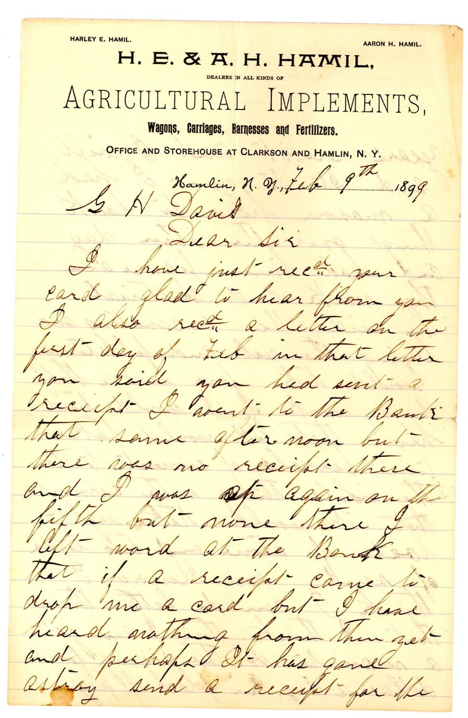 HE & AH Hamil Hamlin Monroe Co NY 1899 letter building barn costs