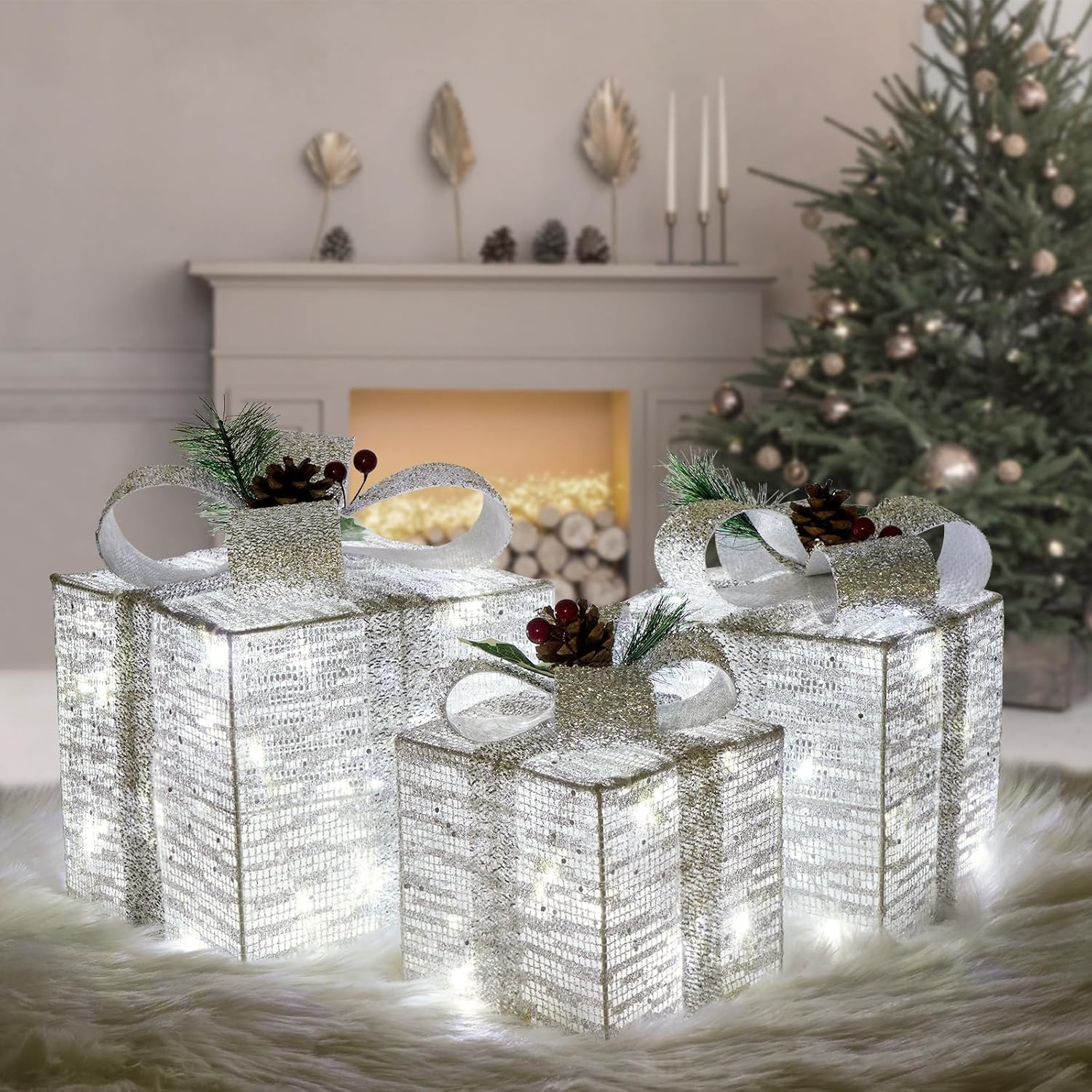 3 Pc Silver LED Lighted Christmas Gift Boxes Holiday Tabletop Home Decor 3 Pc Silver LED Lighted Christmas Gift Boxes Holiday Tabletop Home Decor