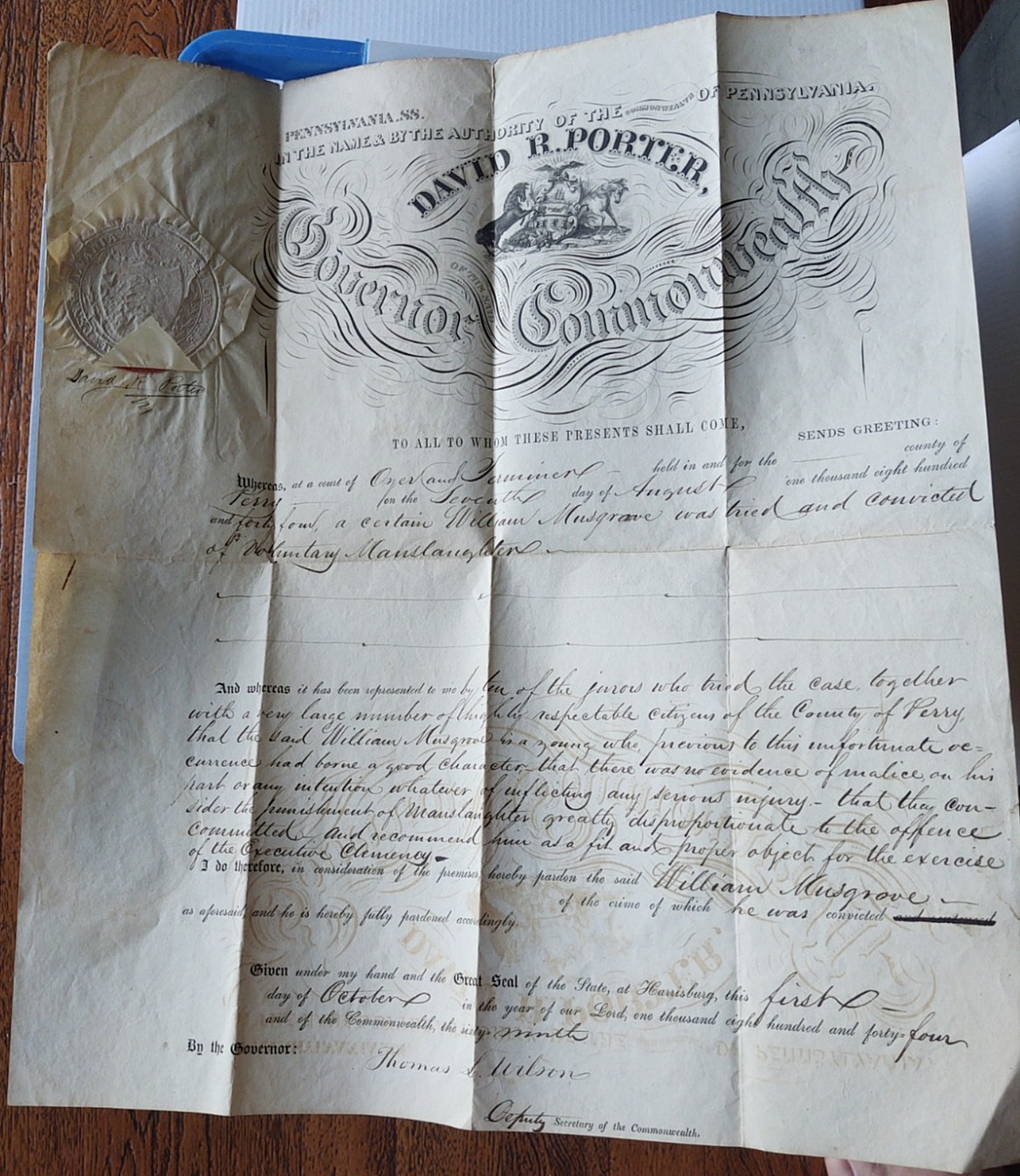 Large Document 1844 Penna. Gov. David Porter Pardon of Voluntary Manslaughter