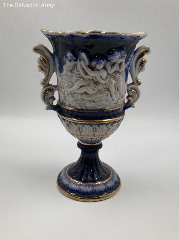 Vintage Norleans Cobalt Blue White Gold Trim Cherub Collectible Decorative Vase