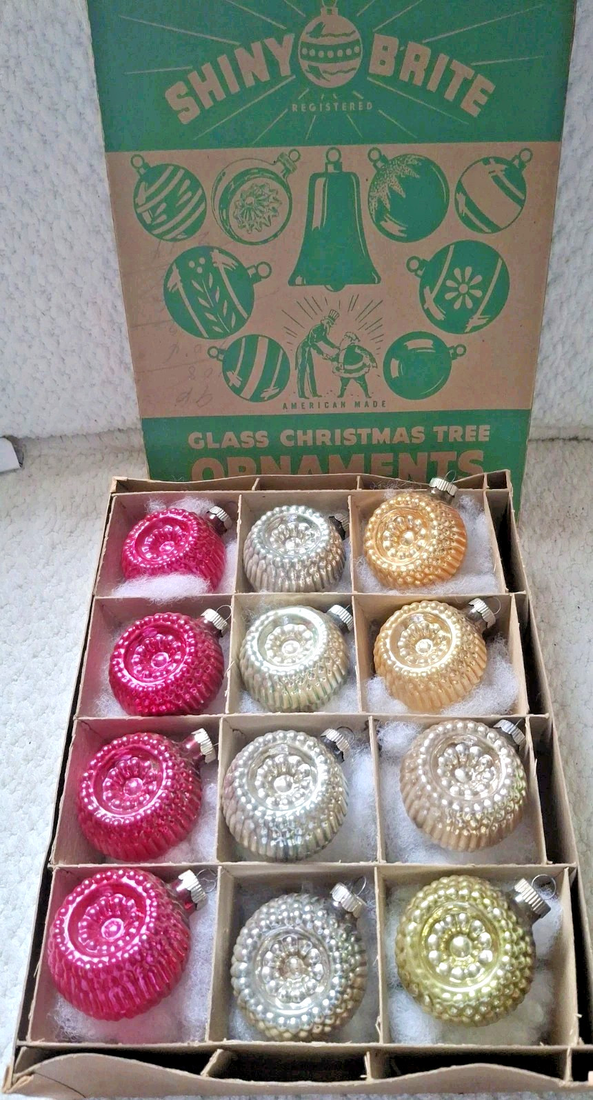 12 Shiny Brite Bumpy Indents Mercury Glass Christmas Ornaments In Box