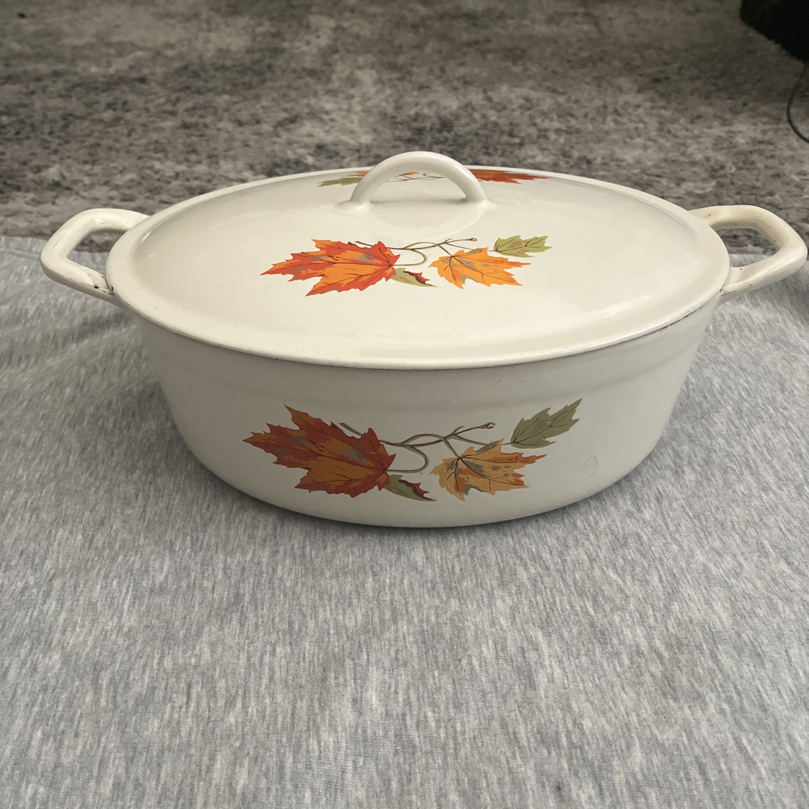 Vintage Descoware Autumn Leaves Enamel Cast Iron Casserole w/Lid Belgium 4 Quart