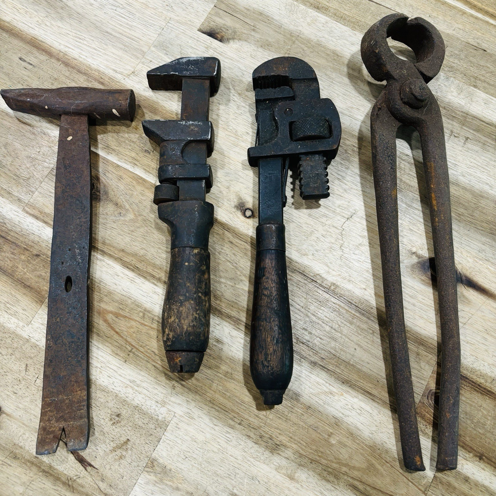 Lot Of 4 Antique Monkey Pipe Wood Handle Wrench Allentown Pliers Tack Hammer