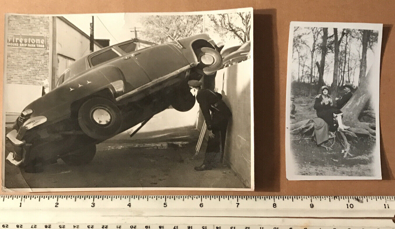 2 Photos: ￼Firestone dealer w/ wrecked car 1940s￼? & 1930’s Bonnie & Clyde?